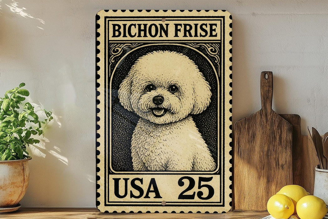 A vintage-style metal stamp featuring a Bichon Frise dog, with the text "BICHON FRISE" and "USA 25" printed on it. The stamp is placed on a wooden surface, surrounded by various kitchen items such as a wooden cutting board, a lemon, and a potted plant.