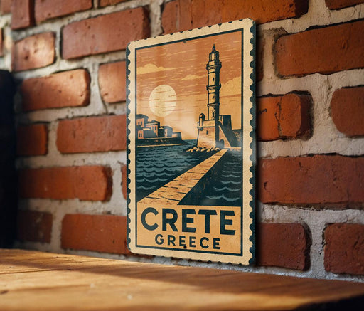 A vintage-style poster of a lighthouse and a coastal town, with the text "CRETE GREECE" prominently displayed, is hanging on a brick wall.