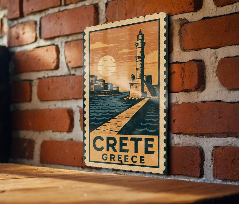 A vintage-style poster of a lighthouse and a coastal town, with the text "CRETE GREECE" prominently displayed, is hanging on a brick wall.