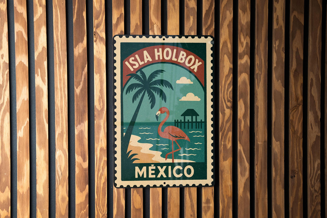 A vintage-style metal sign with a tropical beach scene and a flamingo, mounted on a wooden wall.
