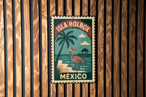 A vintage-style metal sign with a tropical beach scene and a flamingo, mounted on a wooden wall.