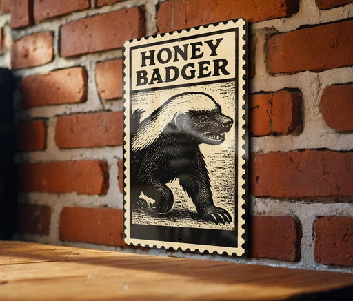 A wooden table with a brick wall in the background, and a framed illustration of a honey badger on the wall.