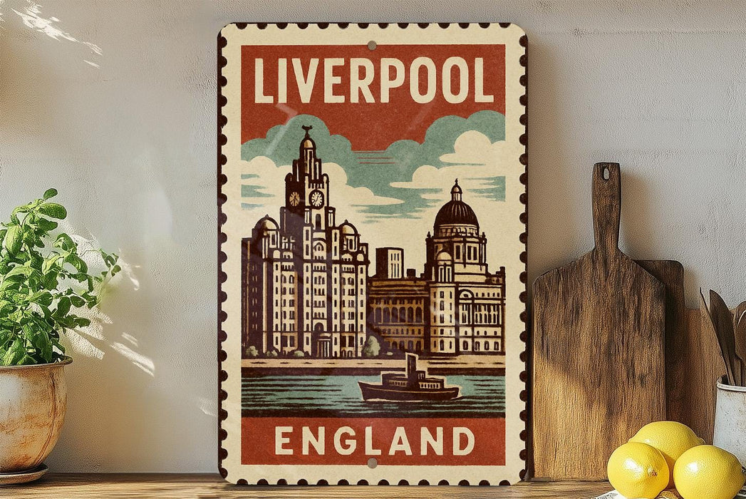 A vintage-style metal sign with the text "LIVERPOOL ENGLAND" and an illustration of a city skyline, including a clock tower, is displayed on a shelf next to a wooden cutting board and some potted plants.