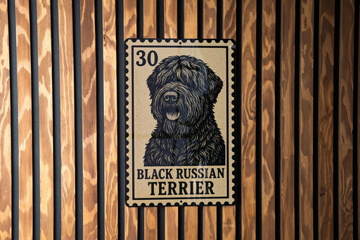 A metal sign featuring a black Russian Terrier dog, with the text "BLACK RUSSIAN TERRIER" printed on it.