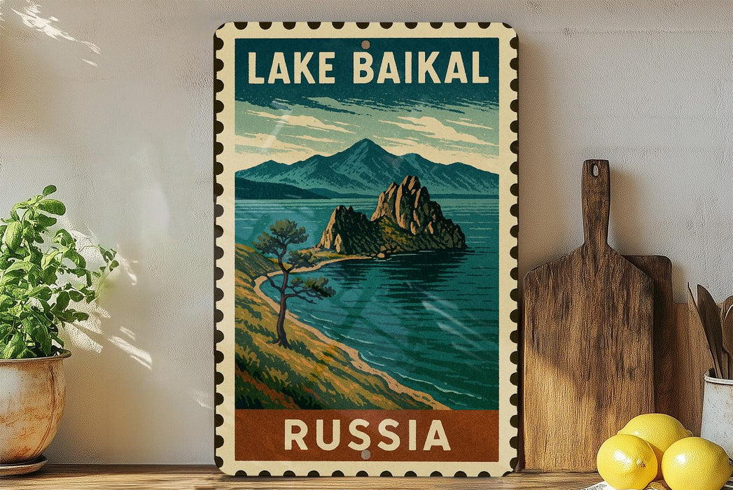 A vintage-style metal sign with a landscape depicting Lake Baikal, a famous landmark in Russia, is displayed on a shelf next to a wooden cutting board and some potted plants.