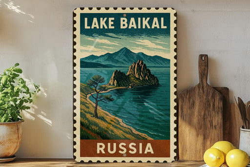 A vintage-style metal sign with a landscape depicting Lake Baikal, a famous landmark in Russia, is displayed on a shelf next to a wooden cutting board and some potted plants.