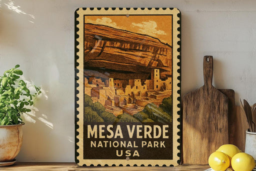 A framed vintage-style poster of the mesa terraces in the National Park of Mexico, with a wooden cutting board and a potted plant to the side.