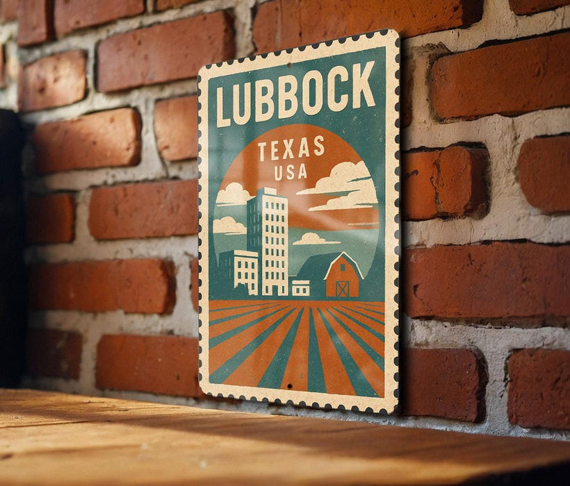 A vintage-style metal sign with the text "LUBBOCK TEXAS USA" displayed on a brick wall.