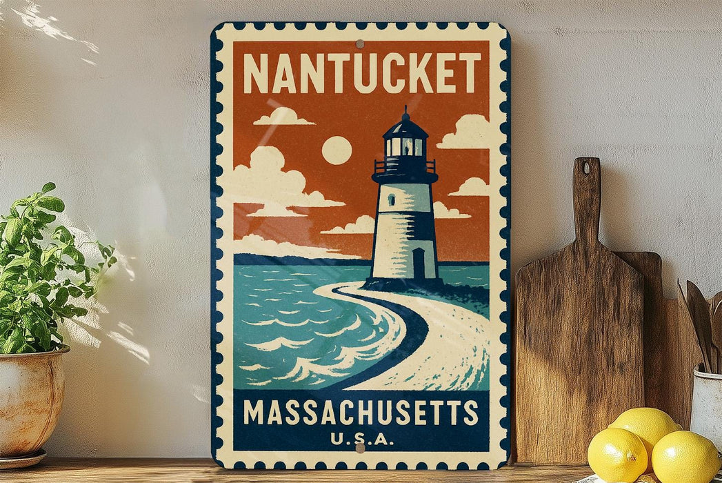 A vintage-style metal sign with a lighthouse and ocean scene, mounted on a wall next to a wooden cutting board and some potted plants.