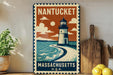 A vintage-style metal sign with a lighthouse and ocean scene, mounted on a wall next to a wooden cutting board and some potted plants.