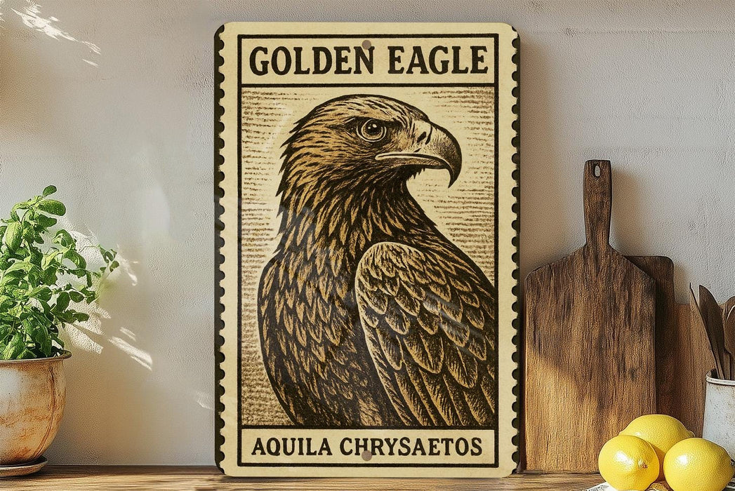 a framed illustration of a golden eagle, with the text "GOLDEN EAGLE" and "AQUILA CHRYSAETOS" printed on it. The framed image is displayed on a shelf next to a wooden cutting board and a potted plant.