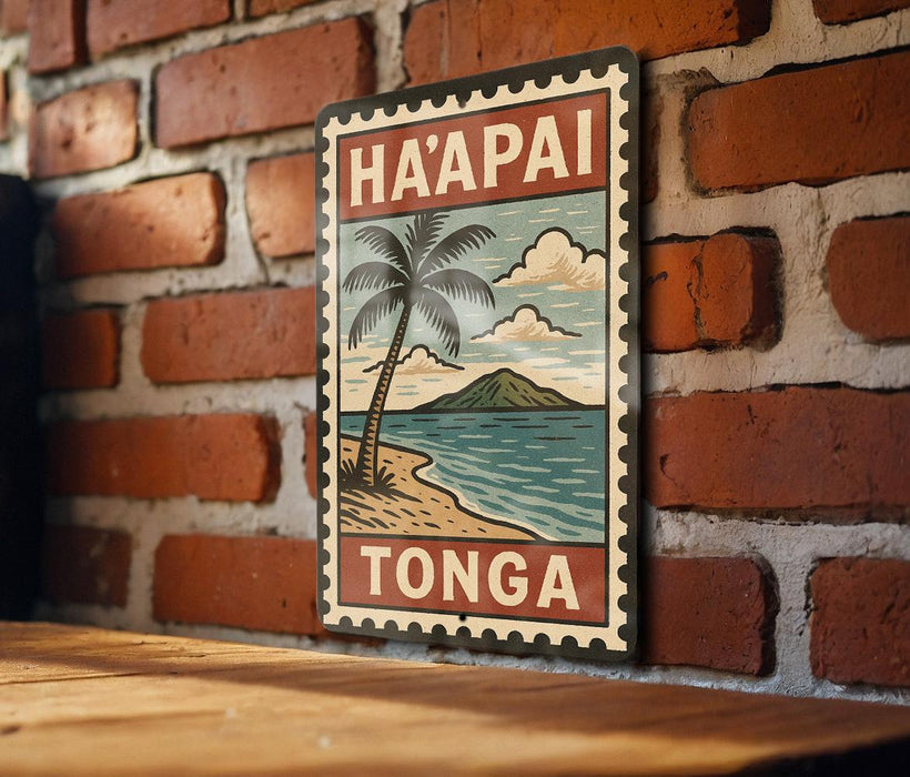 A vintage-style sign with the text "HA'APAI TONGA" and a palm tree illustration is displayed on a brick wall.