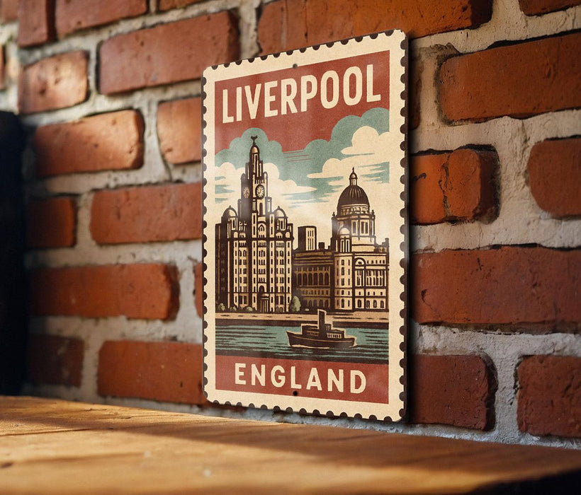 A vintage-style poster of Liverpool, England, featuring a cityscape with a clock tower and a boat on the water.