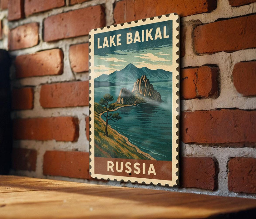 A vintage-style poster of Lake Baikal, the world's largest lake, is displayed on a brick wall.