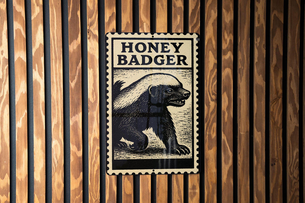 a metal sign with a picture of a badger and the text "HONEY BADGER" on it, mounted on a wooden wall.