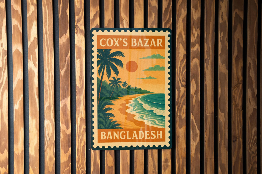 A vintage-style poster advertising " Cox's Bazar Bangladesh" is displayed on a wooden wall.