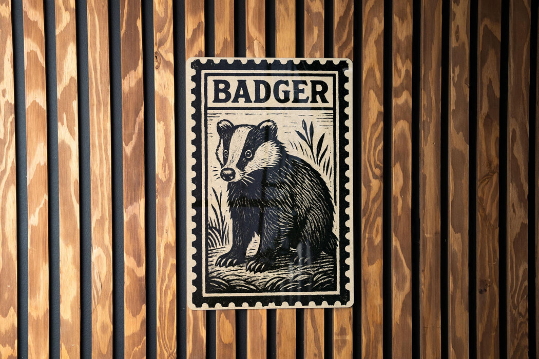 A metal plate with a stamp-like design featuring a badger, mounted on a wooden wall.