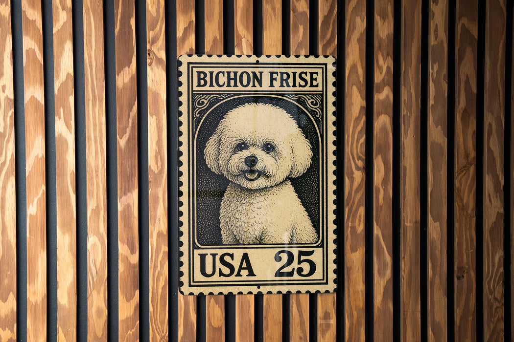 A Bichon Frise dog is depicted on a postage stamp, which is affixed to a wooden wall.