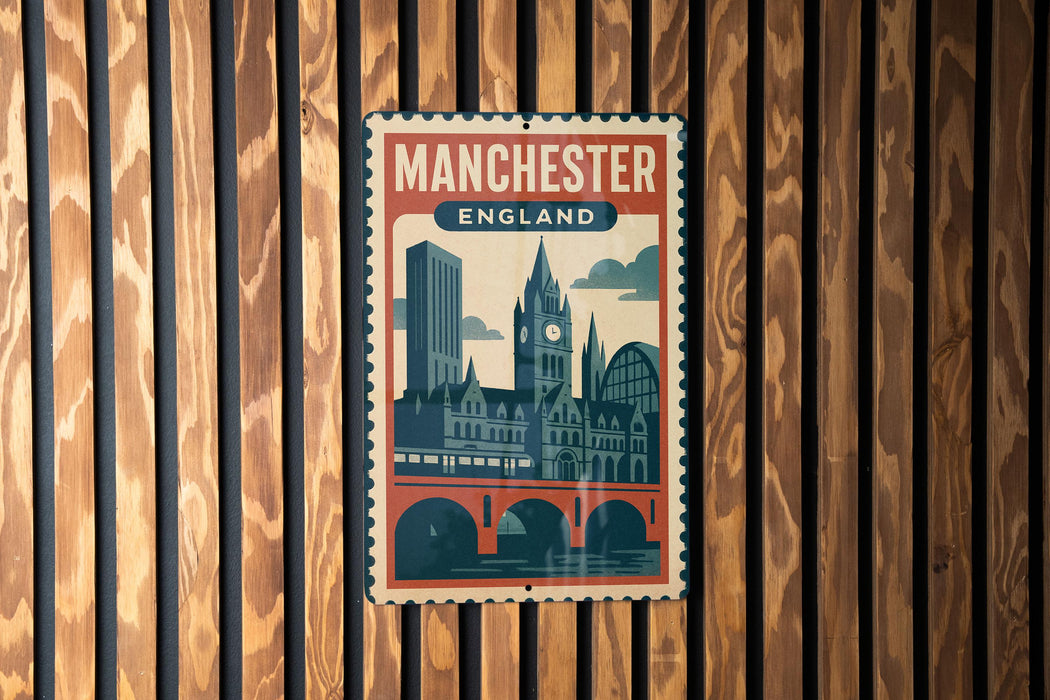 A vintage-style poster of Manchester, England, featuring a cityscape with a clock tower and a bridge, is displayed on a wooden wall.