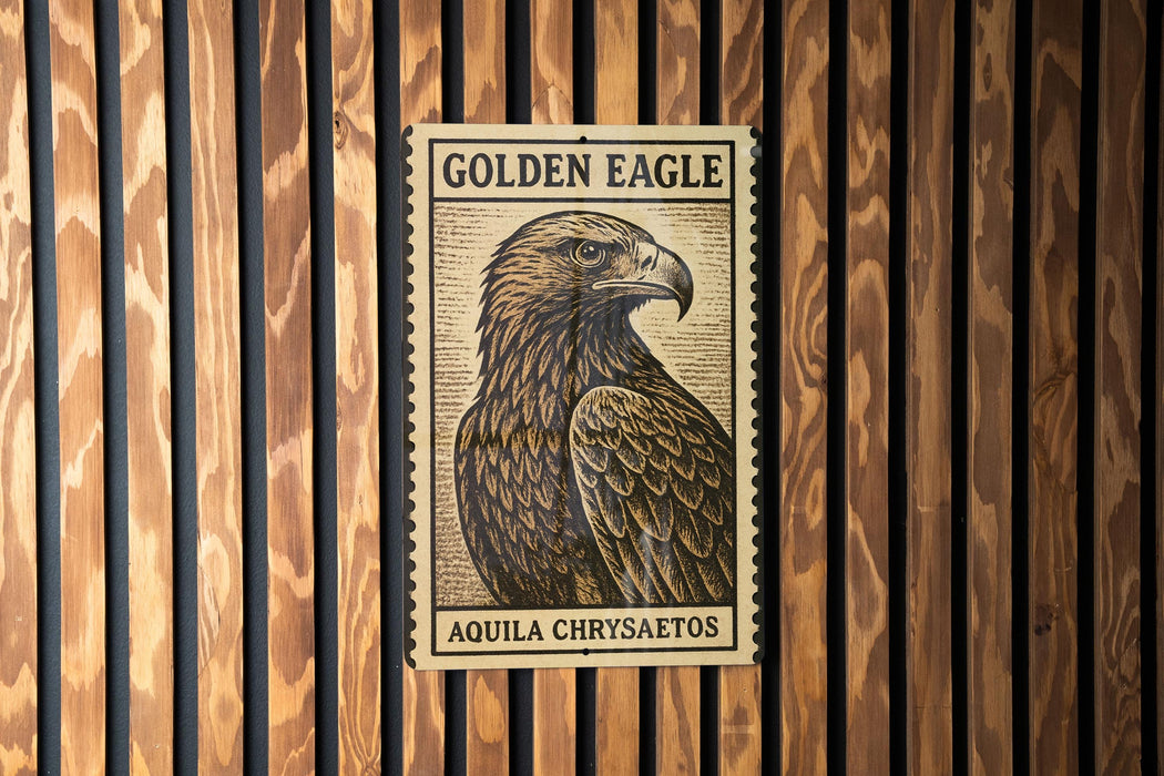 A framed image of a golden eagle is displayed on a wooden wall.