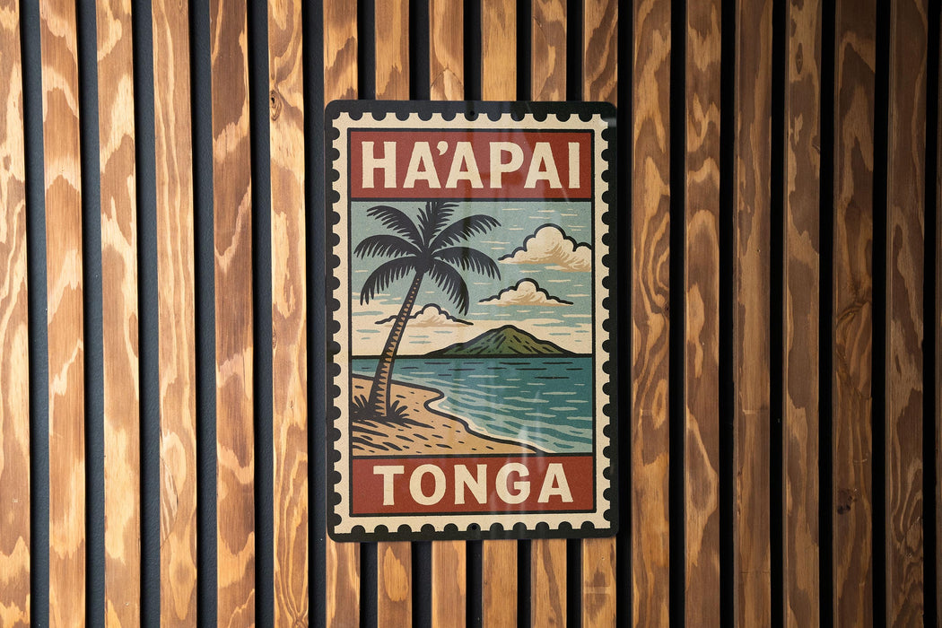 A vintage-style poster of Ha'apai, Tonga, hanging on a wooden wall.