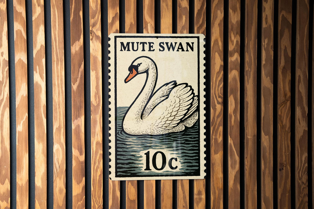 A vintage-style postage stamp featuring a swan swimming in a body of water, with the text "MUTE SWAN" and "10c" printed on it.