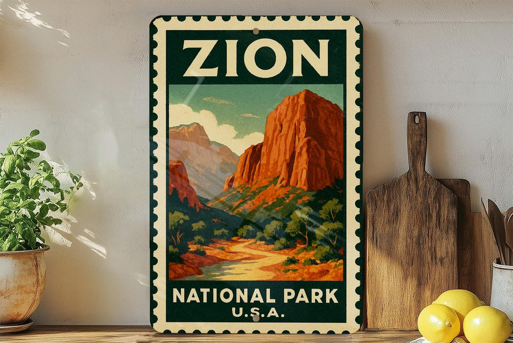 A vintage-style sign for Zion National Park, featuring a scenic illustration of the park's iconic rock formations and landscape.
