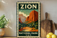A vintage-style sign for Zion National Park, featuring a scenic illustration of the park's iconic rock formations and landscape.