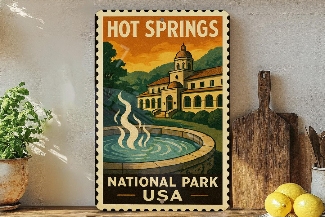 A vintage-style poster of Hot Springs National Park in the United States, featuring a building and a fountain in the background.