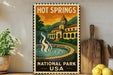 A vintage-style poster of Hot Springs National Park in the United States, featuring a building and a fountain in the background.