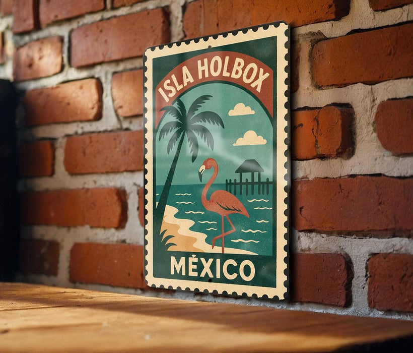 A vintage-style poster of the island of Holbox, Mexico, featuring a flamingo, palm trees, and a beach scene.