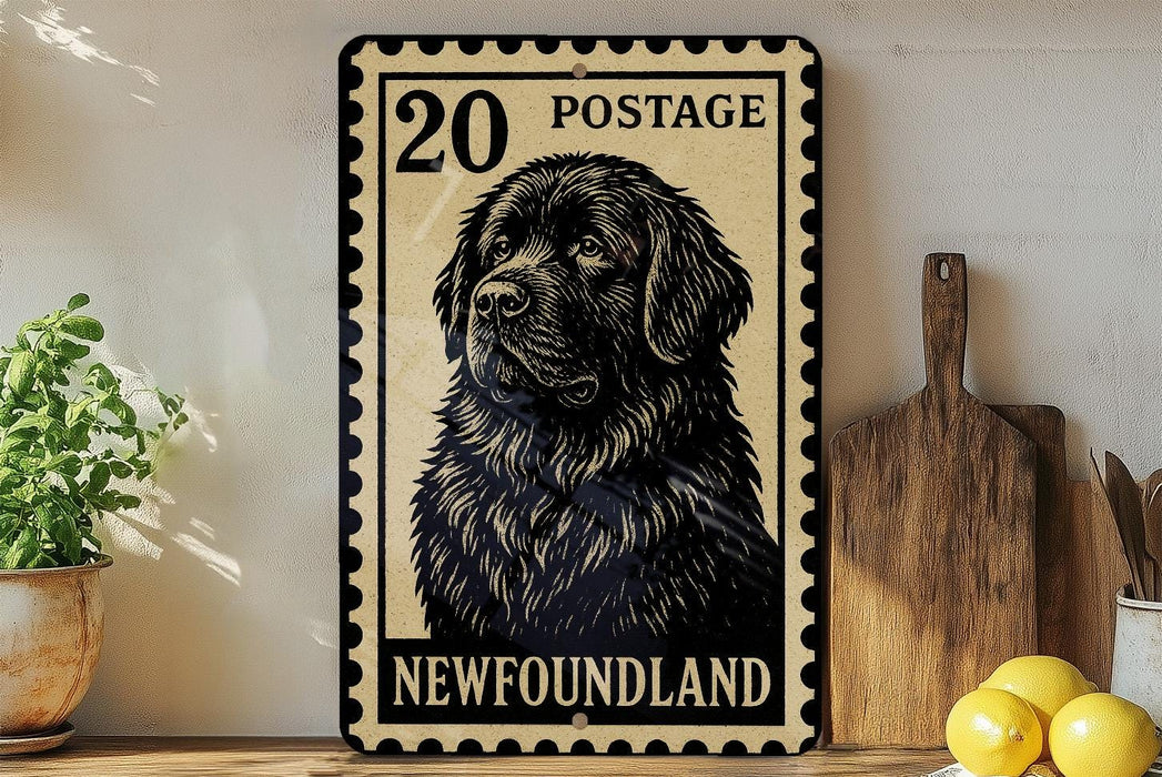 A metal sign with a black and white illustration of a dog, resembling a postage stamp, is displayed on a shelf next to a wooden cutting board and some lemons.
