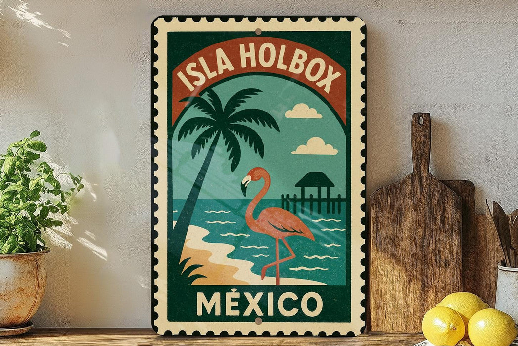 A vintage-style metal sign with a flamingo and palm tree illustration, advertising "Isla Holbox Mexico", is displayed on a shelf next to a wooden cutting board and a potted plant.