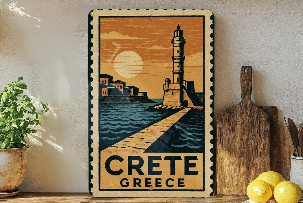 a vintage-style metal sign with a lighthouse and a coastal scene, placed on a wooden surface next to a wooden cutting board and some lemons.