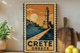 a vintage-style metal sign with a lighthouse and a coastal scene, placed on a wooden surface next to a wooden cutting board and some lemons.
