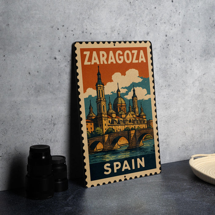 A vintage-style metal sign with the text "ZARAGOZA SPAN" and an illustration of a castle or palace, placed on a gray surface next to some black camera lenses.