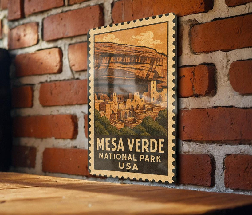 A framed poster of the mesa verde, a famous landmark in the National Park of the United States, is displayed on a brick wall.
