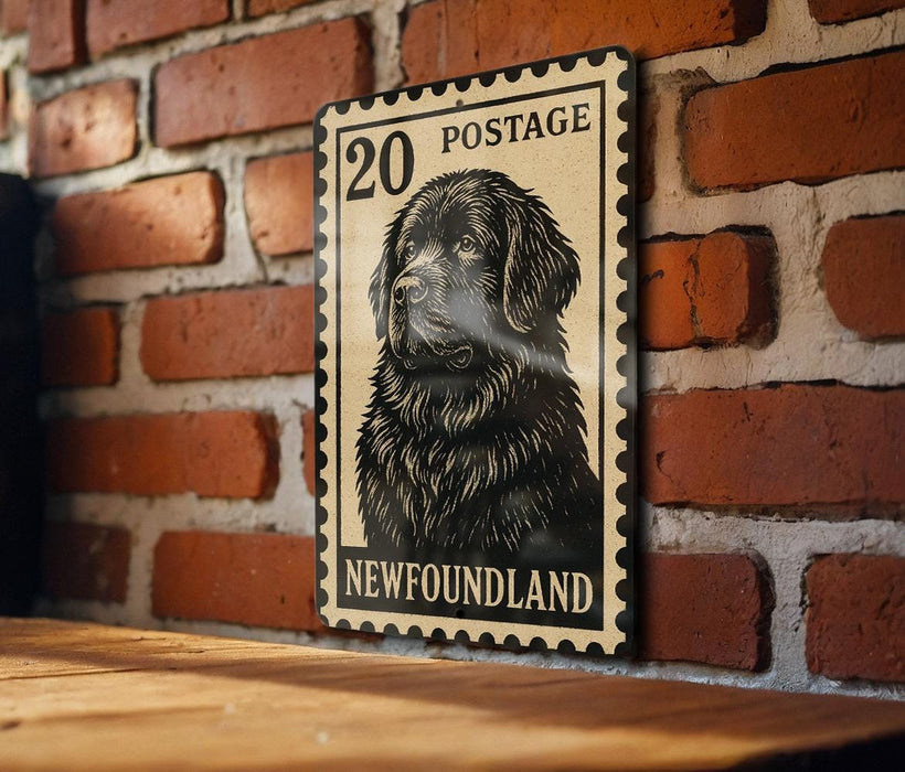A black and white postage stamp featuring a dog, likely a Labrador Retriever, is displayed on a brick wall.