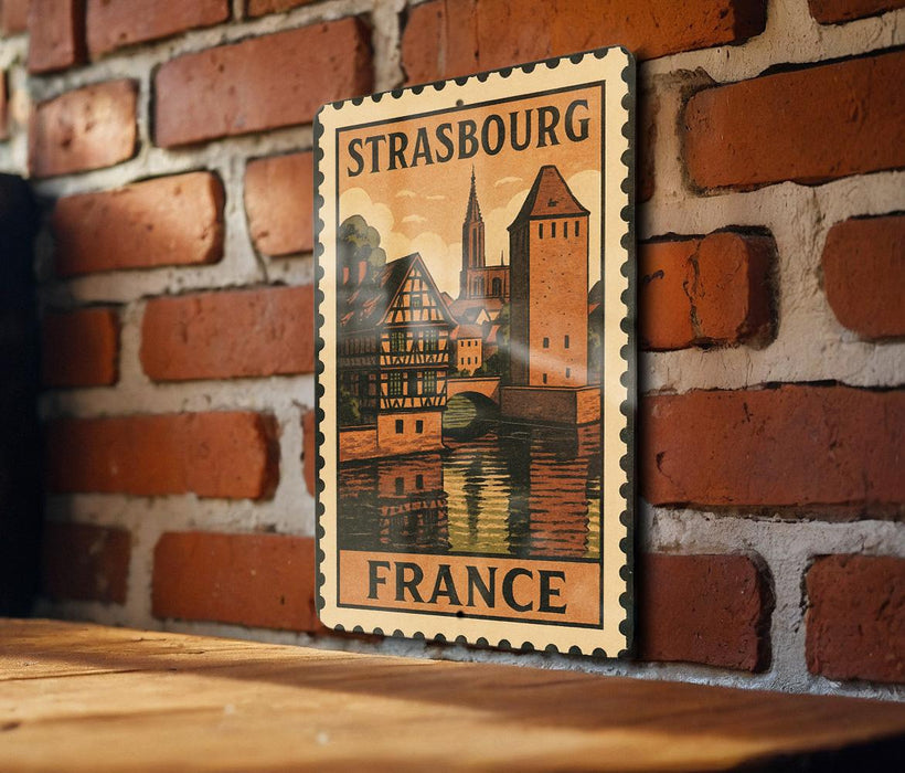 A vintage-style postage stamp depicting a cityscape of Strasbourg, France, hanging on a brick wall.