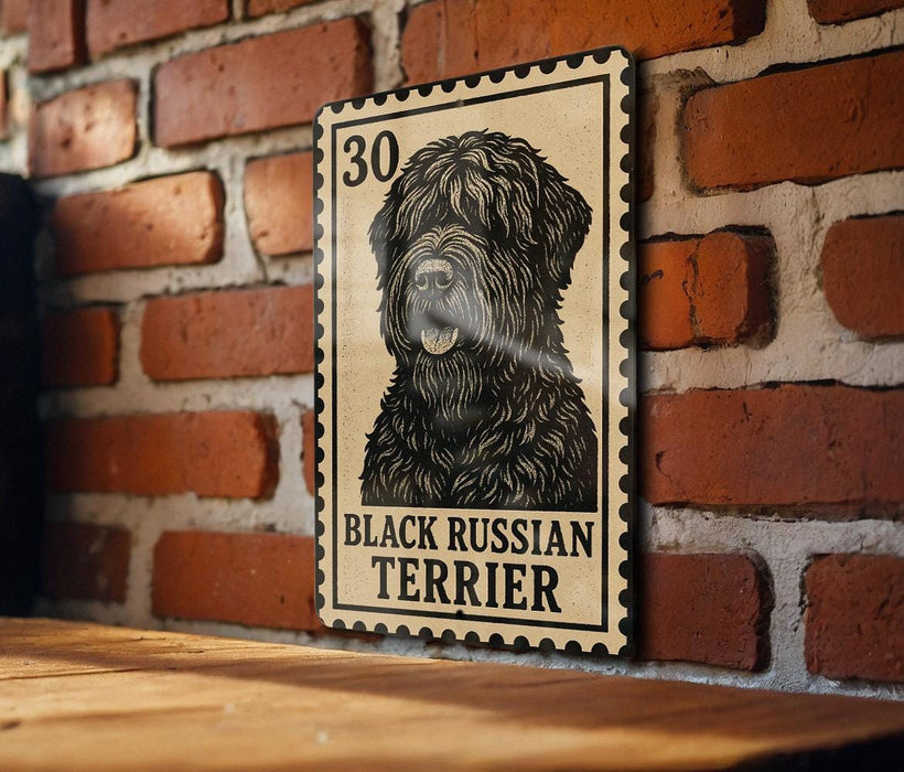 A black Russian terrier dog is depicted on a metal stamp-like sign, mounted on a brick wall.