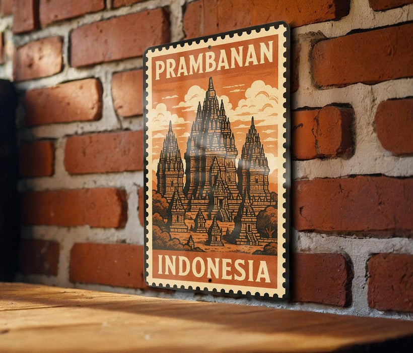A vintage-style stamp depicting the Prambanan temple in Indonesia, with the text "Prambanan" and "Indonesia" printed on it.