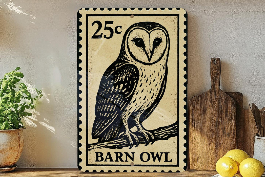 A vintage-style 25c postage stamp featuring a barn owl, placed on a wooden surface next to a wooden cutting board and some lemons.