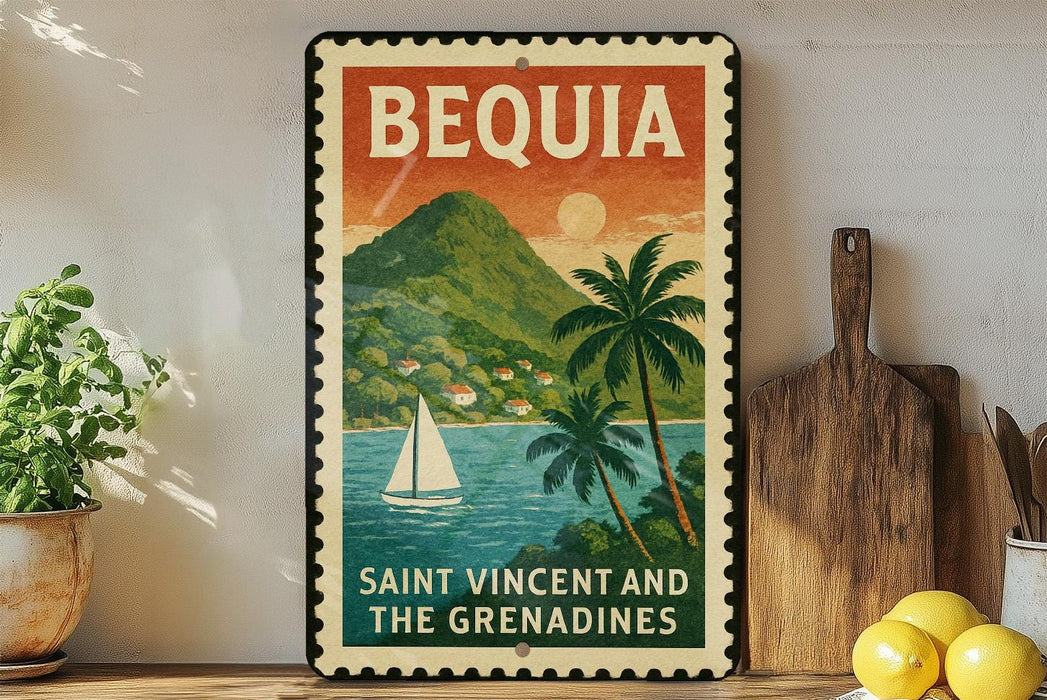 A vintage-style poster of Bequia, Saint Vincent and the Grenadines, featuring a sailboat on the water and palm trees, is displayed on a wall next to a wooden cutting board and a potted plant.