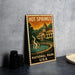 A vintage-style metal stamp depicting Hot Springs National Park in the USA, featuring a building and a fountain.