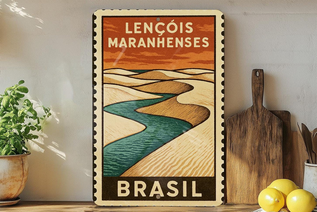 A vintage-style metal sign with the text "LENCÔIS MARANHENSES BRAZIL" displayed on a wall, with a desert landscape and a river depicted on the sign.