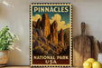 A vintage-style poster of Pinnacles National Park in the United States, featuring a mountainous landscape with tall rock formations and a cloudy sky.