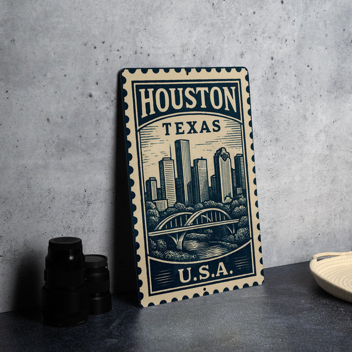 A metal sign with the text "HOUSTON TEXAS U.S.A." printed on it, featuring an illustration of a city skyline.
