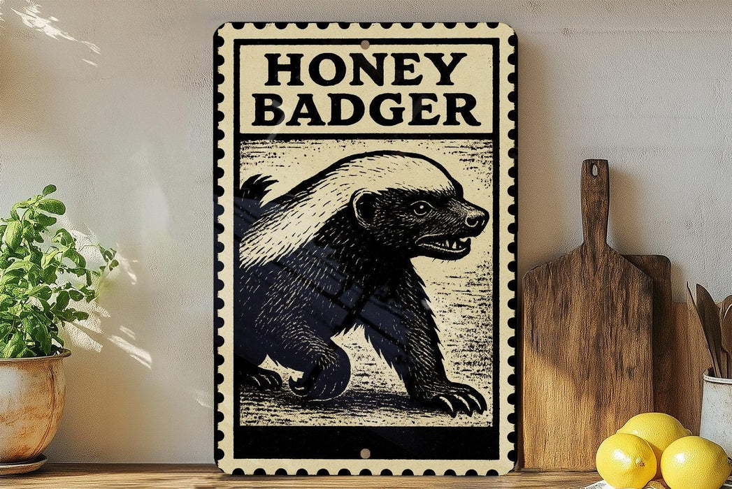 a vintage-style metal sign with a black and white illustration of a honey badger, placed on a wooden surface next to a wooden cutting board and some lemons.
