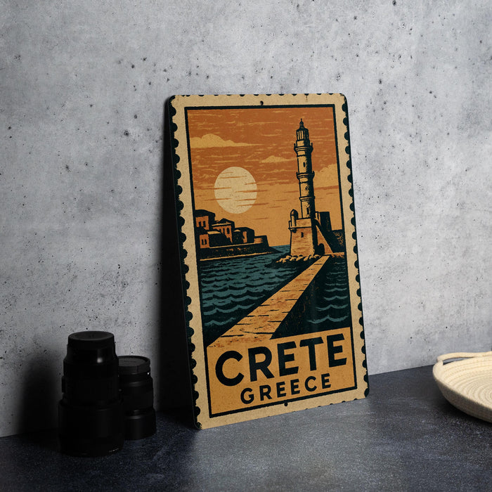 A vintage-style metal sign depicting a lighthouse and a coastal scene, with the text "CRETÉ GREECE" prominently displayed.