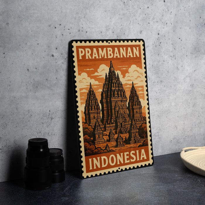 A metal sign with an illustration of a temple and the text "Prambanan Indonesia" is displayed on a table.